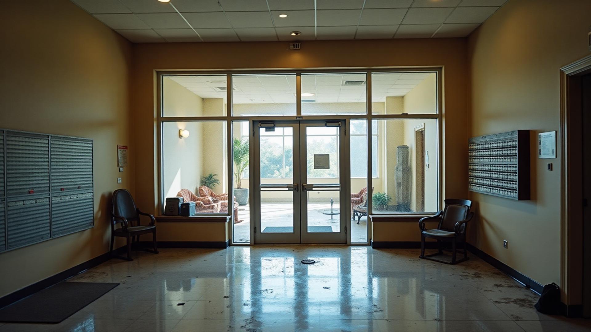 Strata building lobby before professional cleaning - dirty floors and neglected common areas